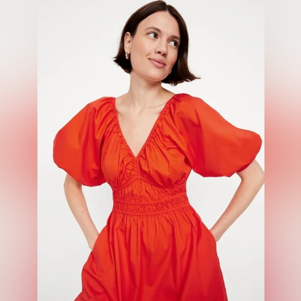 Old Navy Darling Clementine Orange Puff Sleeve Waist Defined Cotton Mini Dress - Picture 4 of 11
